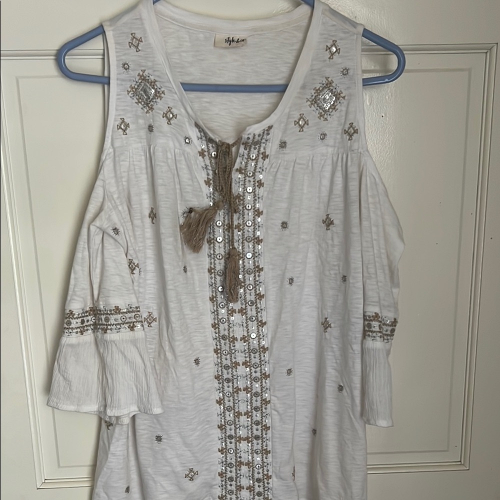 Style & Co White Embellished Blouse with Tie Front